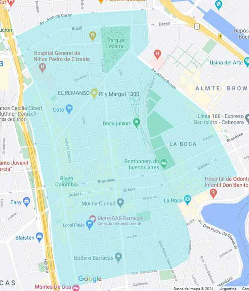 mapa con circuito de delivery propio entre avenida Garay, Almirante Brown, Coronel Salvadores y Hornos